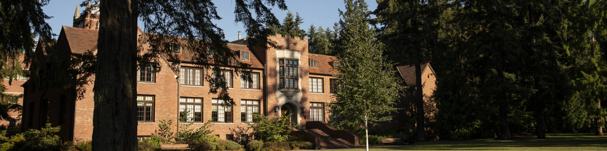 The front view of a brick building