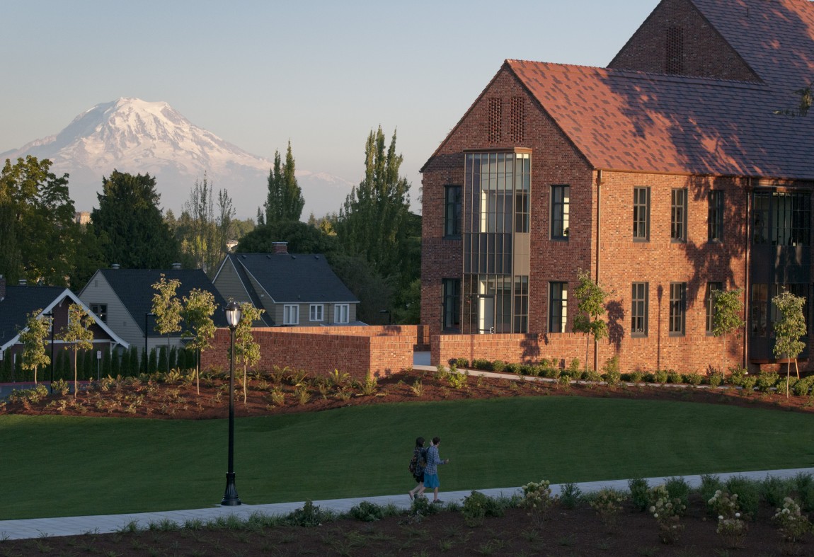 Weyerhaeuser Hall with Mount Rainier in the background