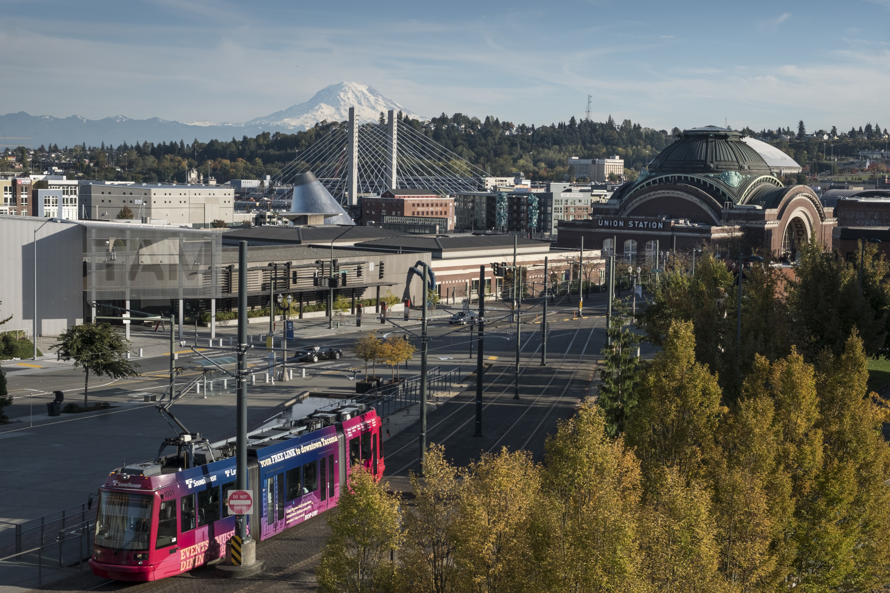 Downtown Tacoma with view of Union Station, the Tacoma Art Museum, the 21st Street Bridge, and Mount Rainier.