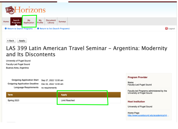 Study abroad application limit reached screenshot