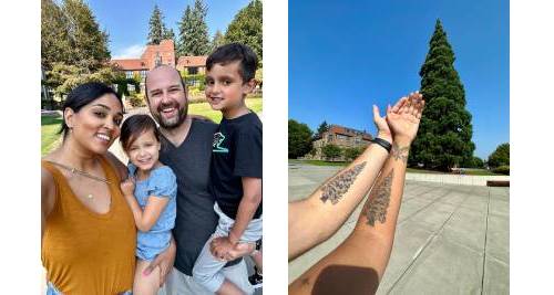 Nani Vishwanath '09, Matt Hoffman '08, and their kids Sameer and Amaya (left) and Nani and Matt showing their sequoia tattoos next to Puget Sound's sequoia