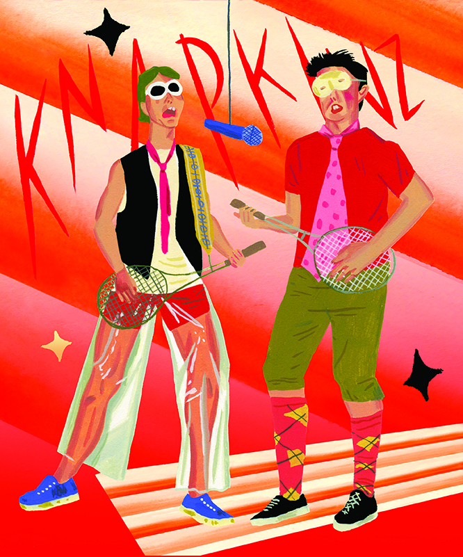 Illustration of two guys in T-shirts and ties with sunglasses and tennis racquets as guitars. The stylized word KNAPKINZ appears behind them.