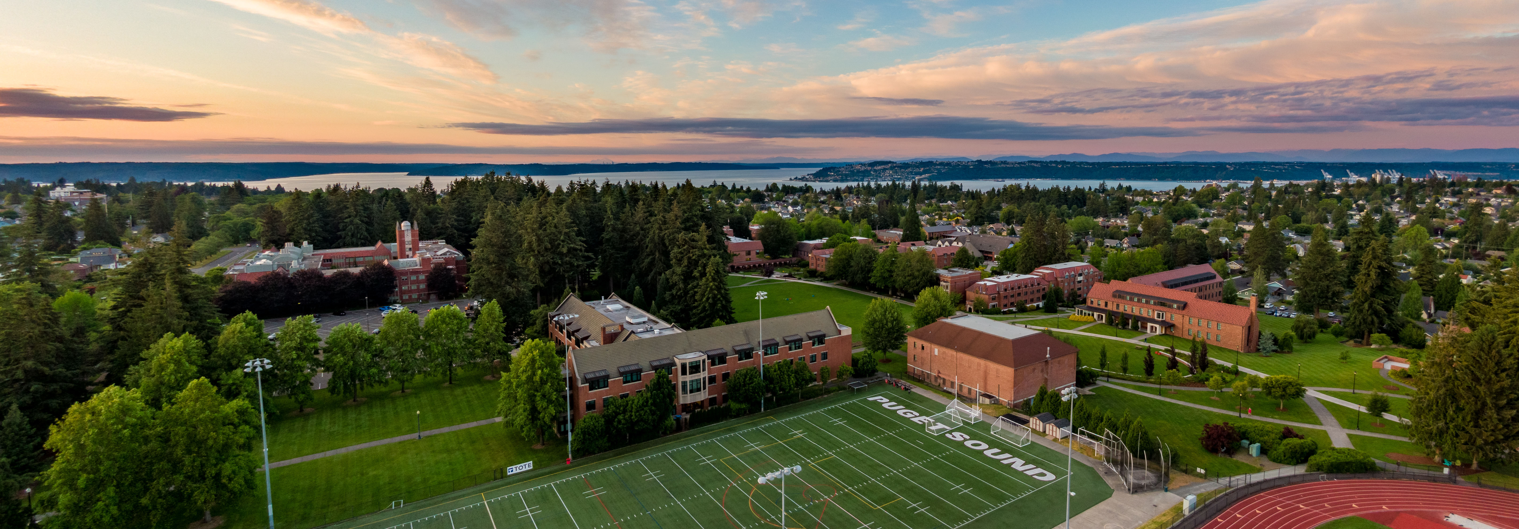 Aerial view of campus and Commencement Bay beyond