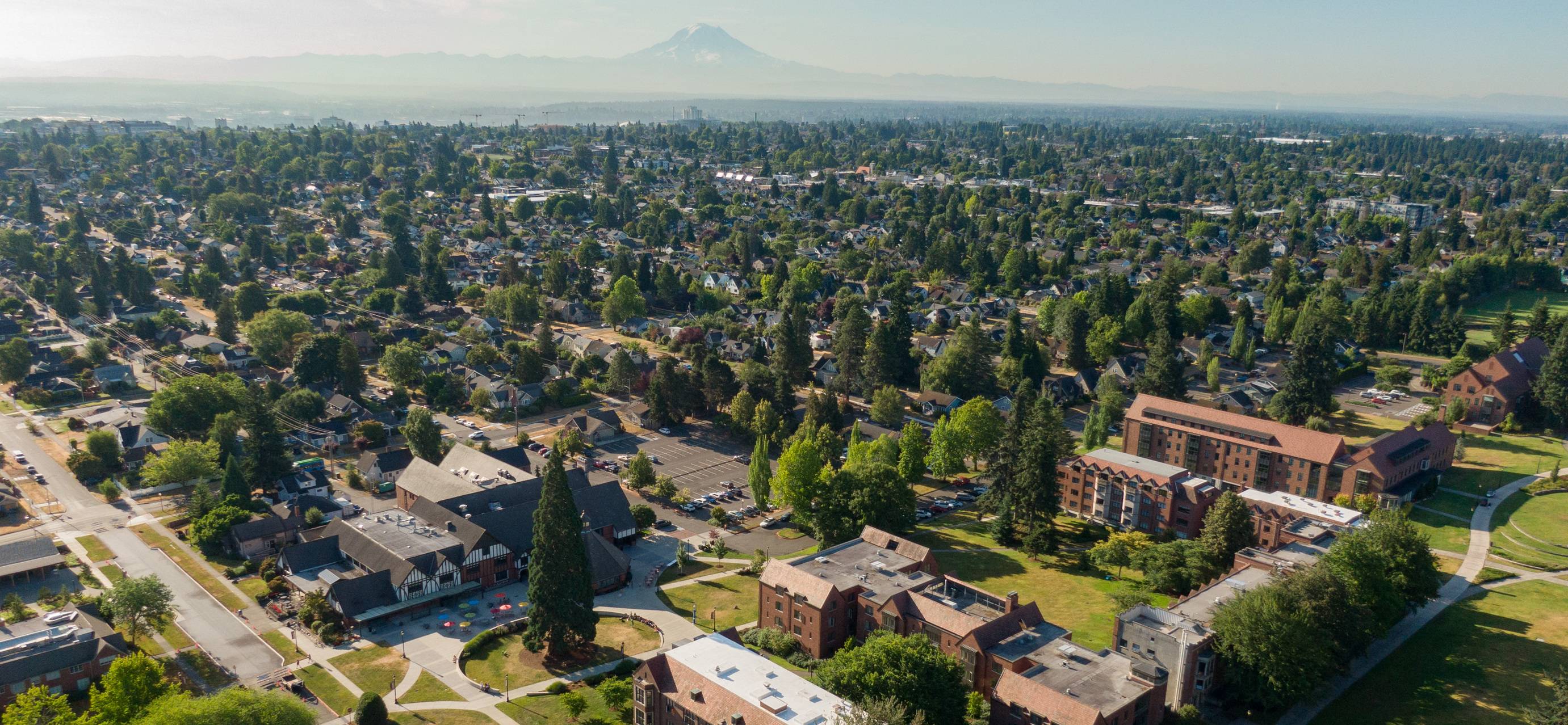 Aerial view of campus with Mount Rainier in the distance