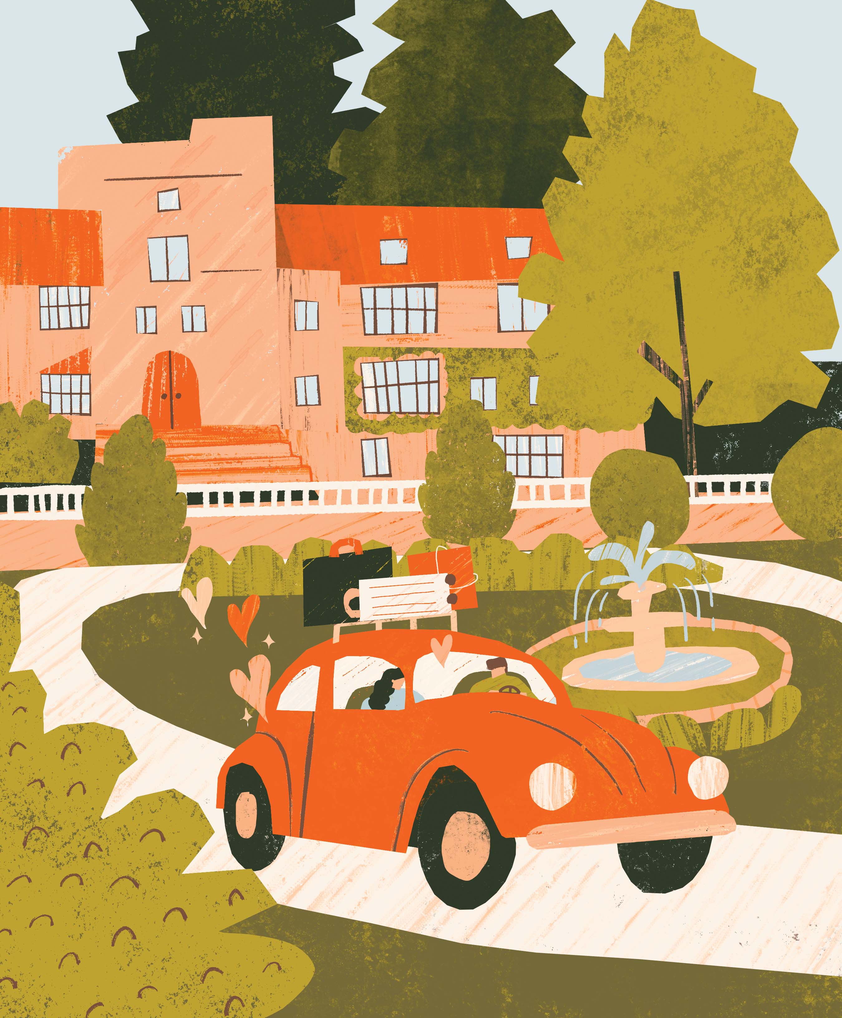 An illustration of a VW Bug loaded down with suitcases driving away from Jones Hall with hearts in its wake.