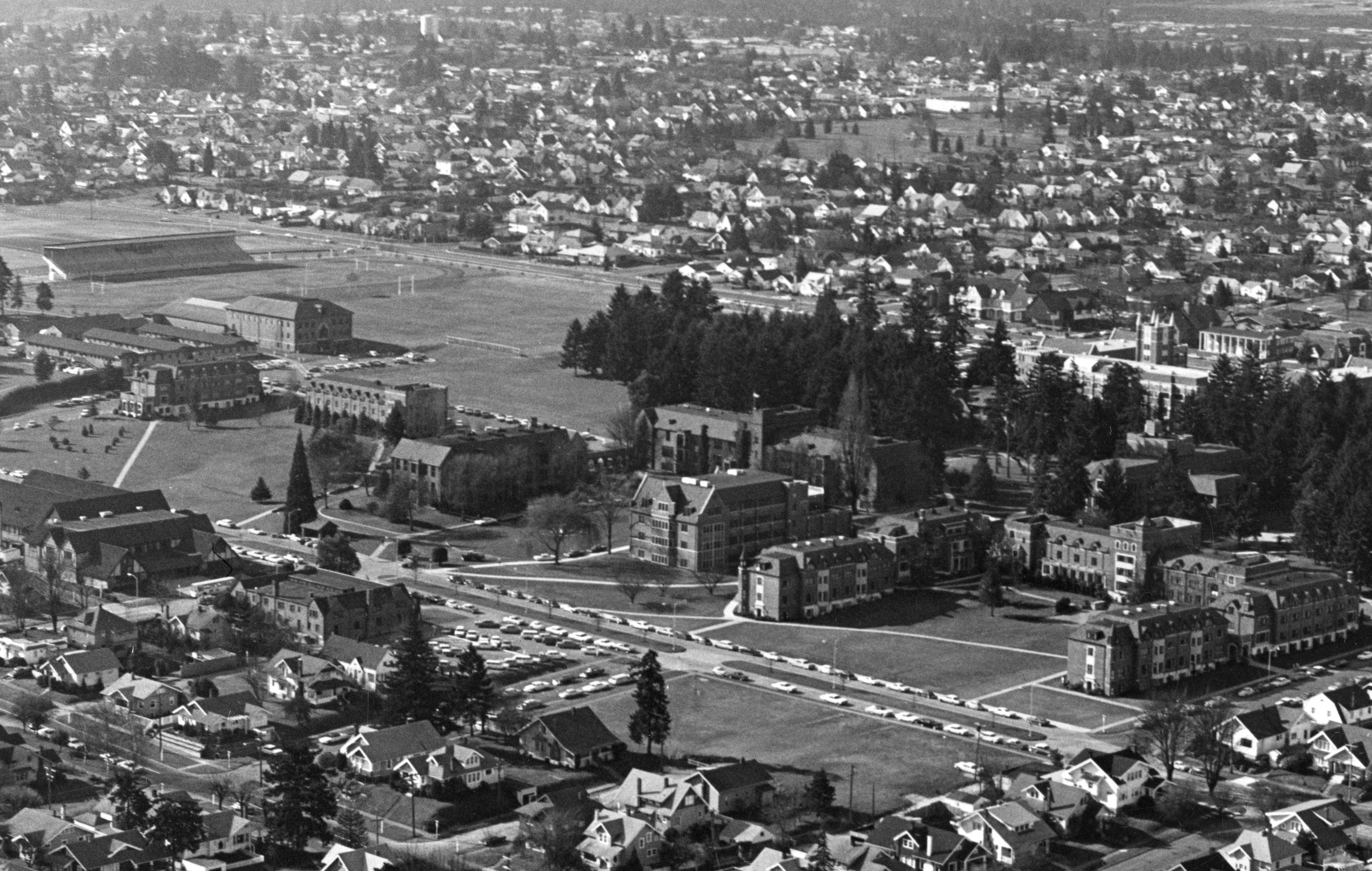 College of Puget Sound aerial view from the northeast, circa 1968.