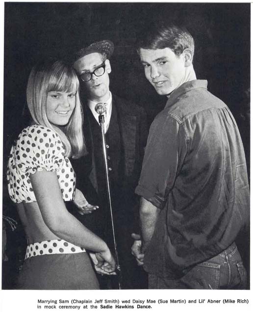 Susan Martin Ricklefs ’71, Michael Rich ’70, and Chaplain Jeff Smith ’62 on Sadie Hawkins Day in 1968.