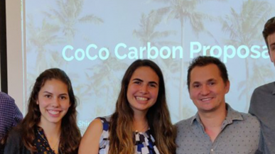 Ben Minges ’11, founder and CEO of Copra Coconut Water (center), with the winners of the 2019 Innovate!Create! entrepreneurship competition: Nick Eberhard ’22, Victoria Helmer ’22, Shirley Mazaltov-Ast ’22, and Kala`i Beck ’20.