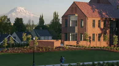 Weyerhaeuser Hall and Mount Rainier