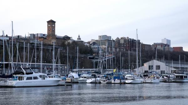 Boats docked on the Tacoma waterfront.