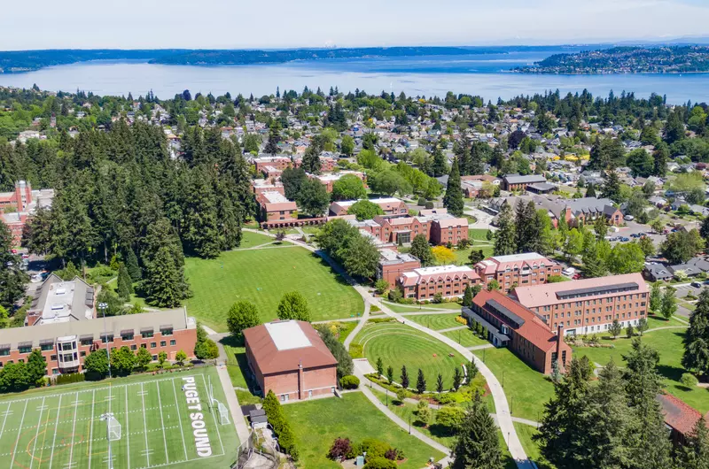 Aerial view of campus and Commencement Bay