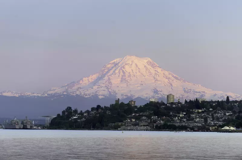 Mount Rainier rises high above Tacoma and the Puget Sound.