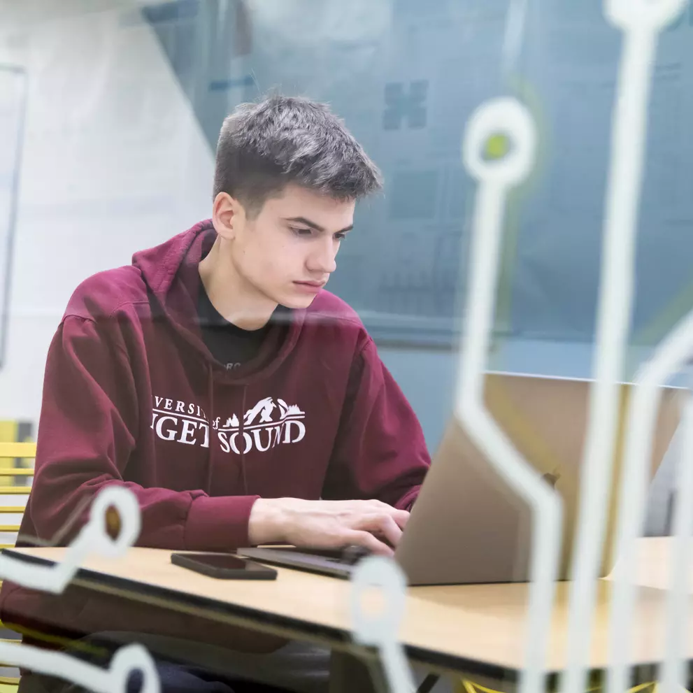 A student works on his laptop in the computer science lounge in Thompson Hall.