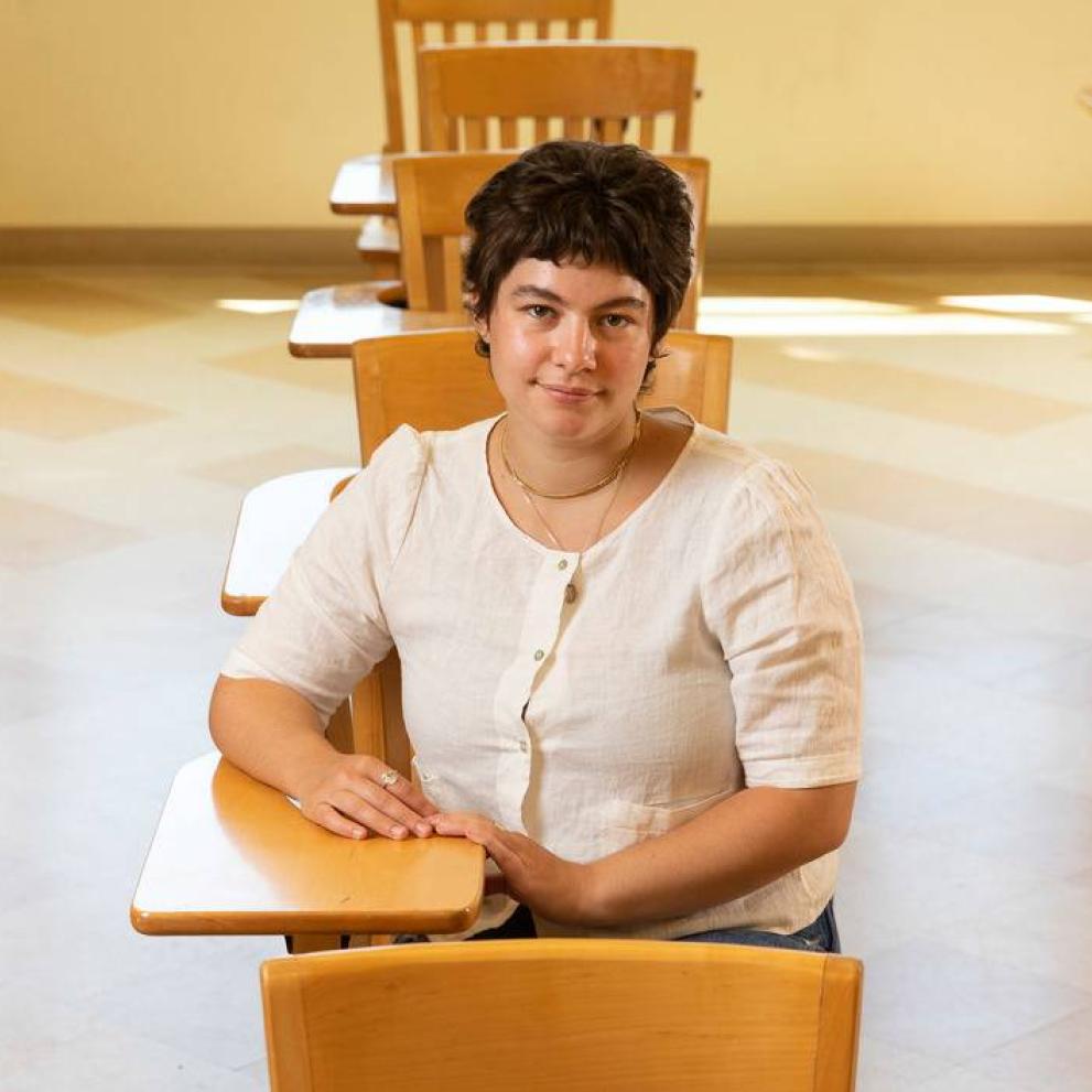 Ruthy McBride '22 in a campus classroom