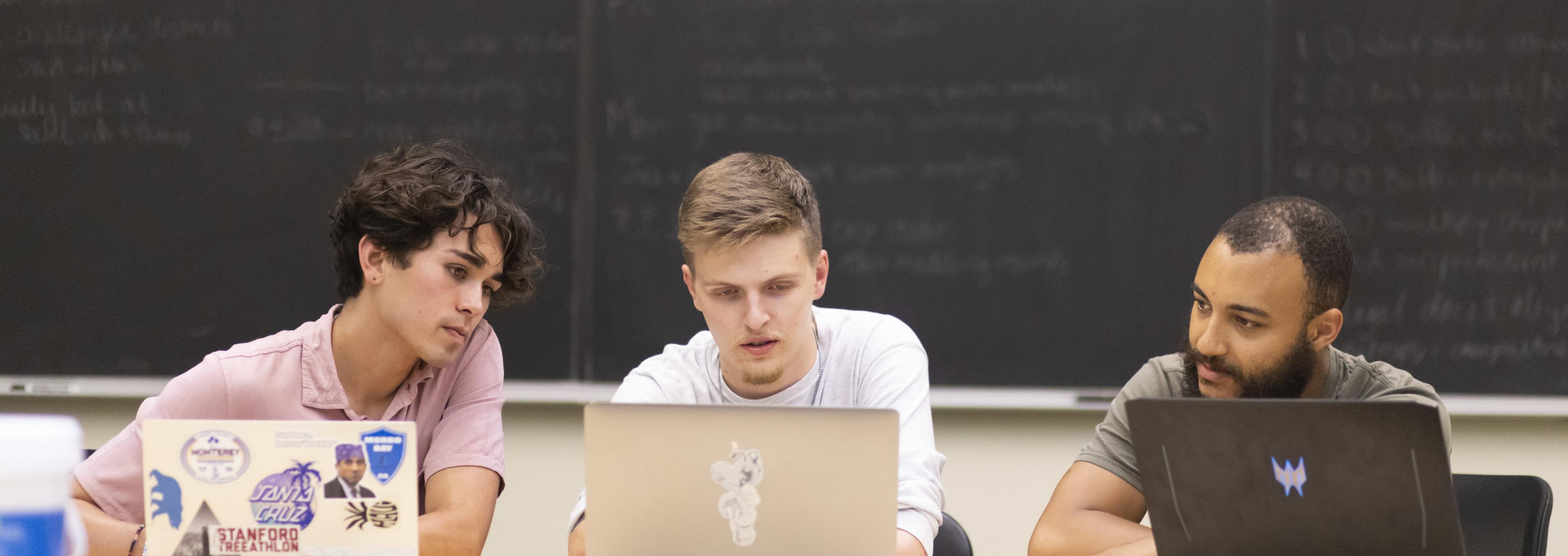 Three students work on an interdisciplinary summer research project, reviewing data on their laptops.