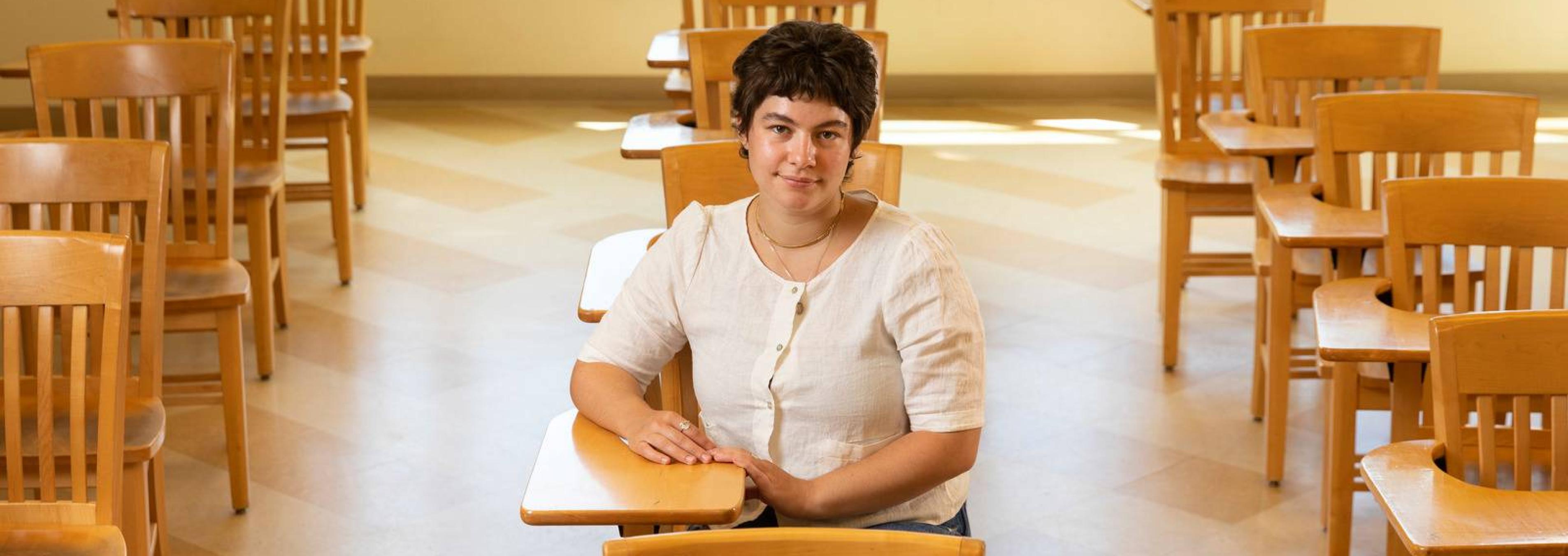 Ruthy McBride '22 in a campus classroom