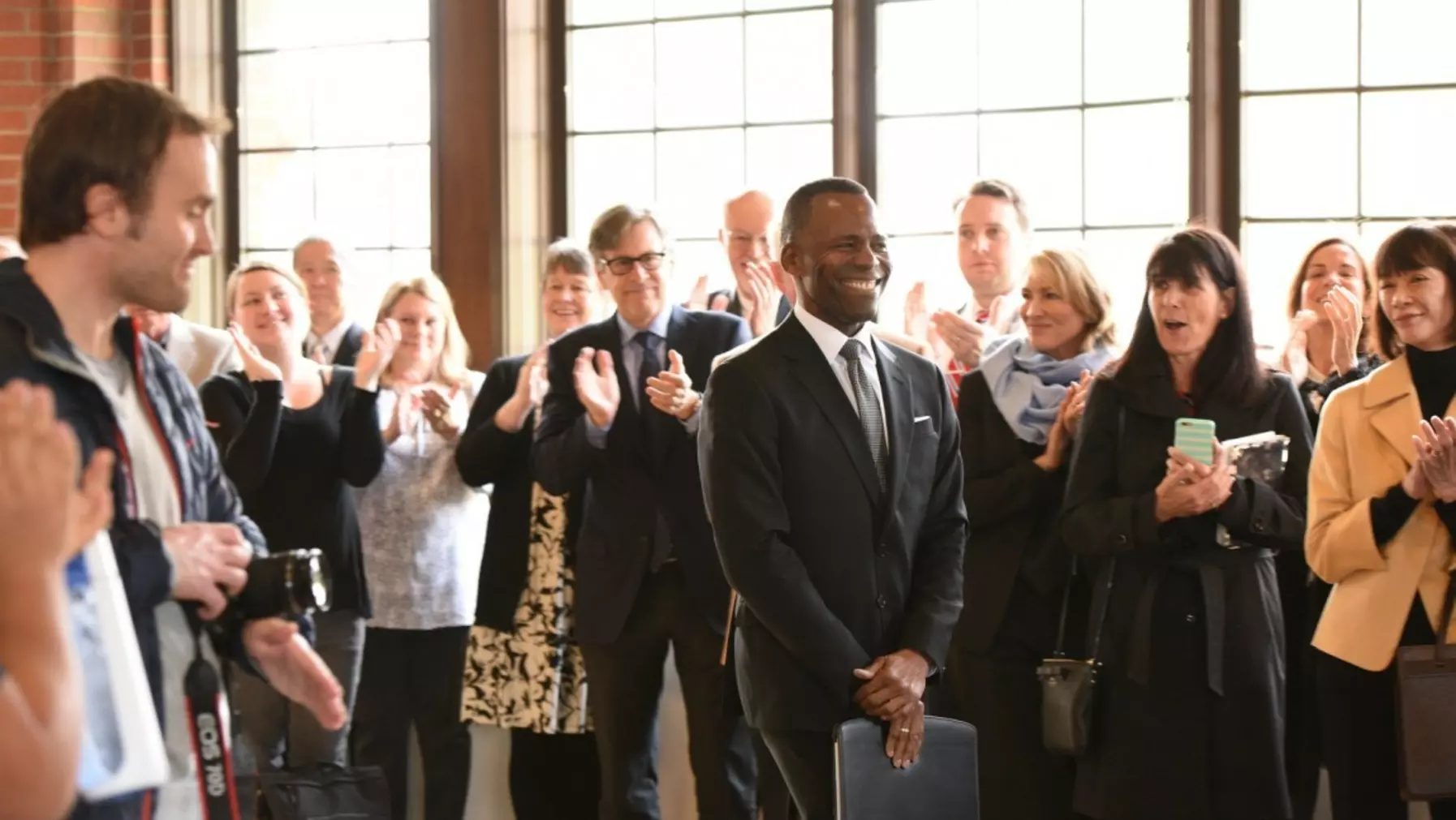 President-elect Isiaah Crawford is introduced to gathered campus members