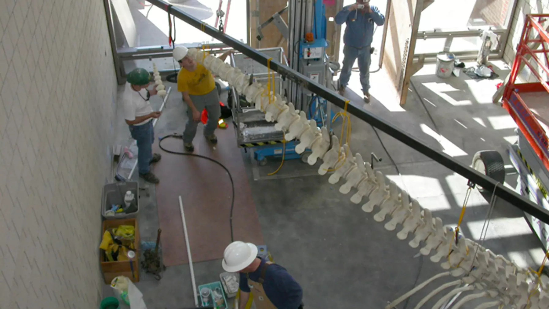 Isaac is holding the final tail vertebrae that will be screwed into a fitting in the end of the mounting pipe.