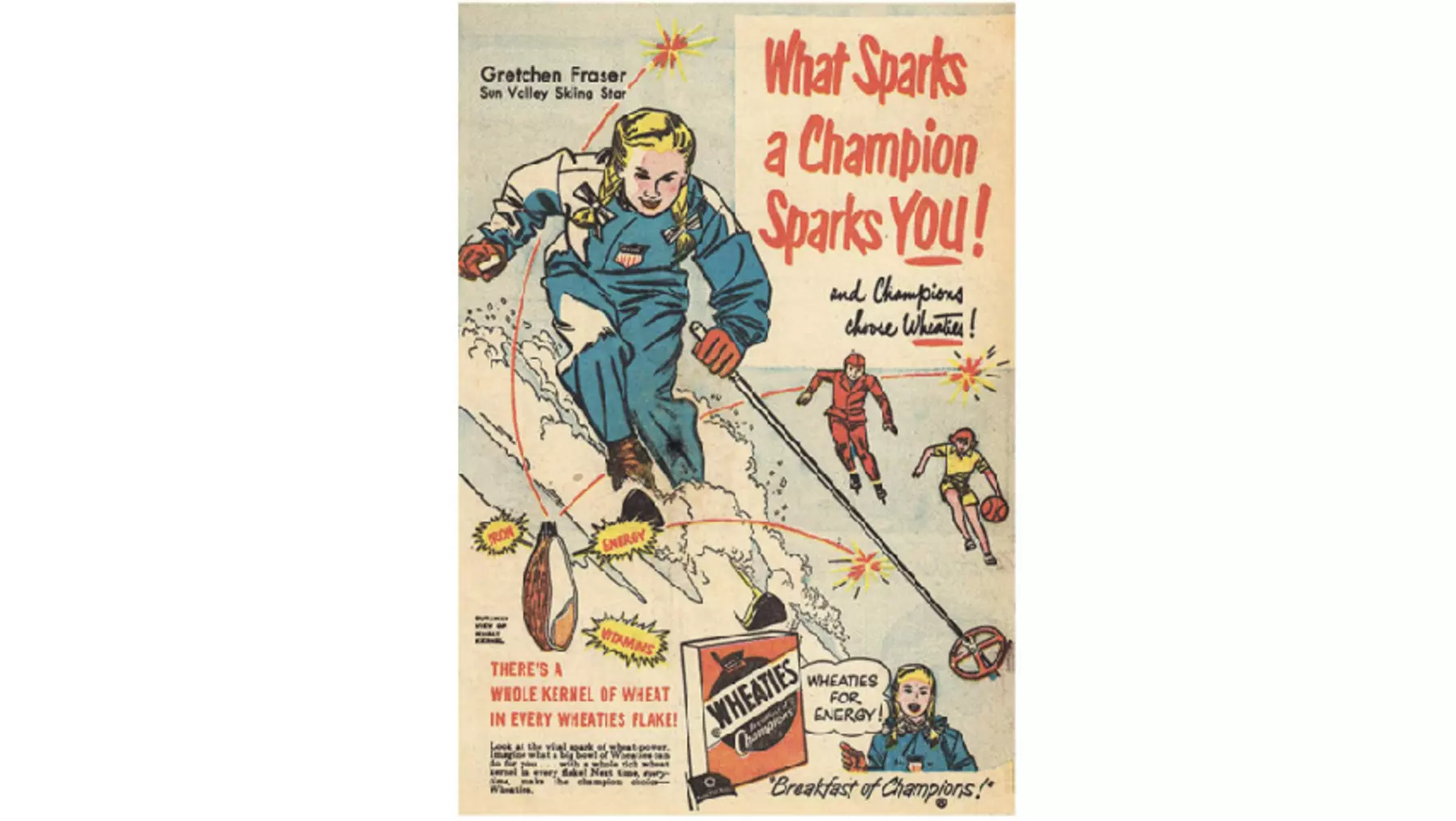 An illustration of Gretchen Kunigk Fraser ’41 on a Wheaties box.