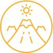 Yellow mountain and sun icon in circle