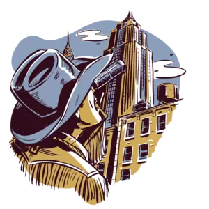 Illustration of man in cowboy hat staring up at tall city buildings with binoculars