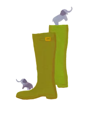 Illustration of green boots with tiny elephants sitting on them