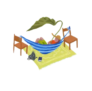 Illustration of a person in a hammock set up between two chairs