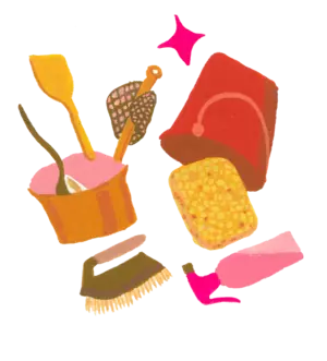 Illustration of cleaning supplies including a scrub brush, sponge, buckets, spray bottle