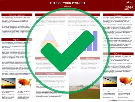 Presentation Poster mockup illustrating correct usage of university logo. A single instance of the University of Puget Sound school logo is used on the poster. A large green check mark is overlaying the mockup, indicating that this is an appropriate usage of the university logo.