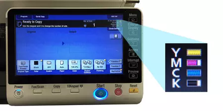 Photograph of display screen on a Konica Minolta copier. A graphic showing an enlargement of the toner meters is on the right hand side.