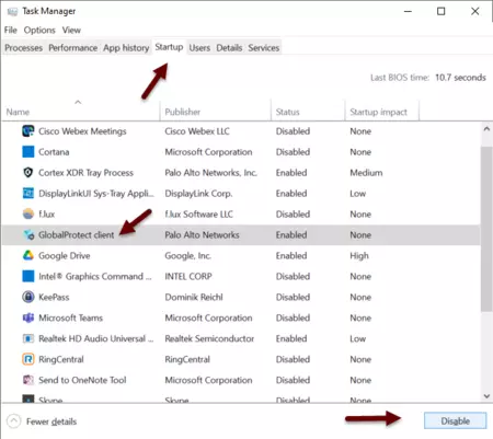 disable globalprotect at startup