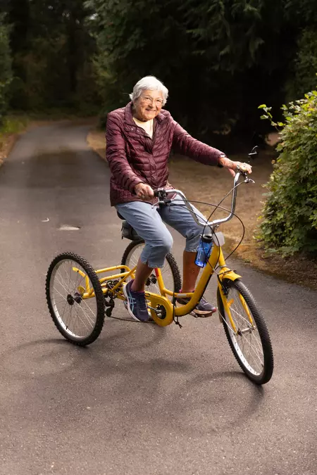 Carol Petrich Kalapus ’51 on her adult trike.