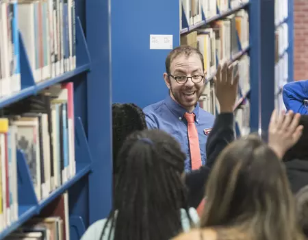 Eli Gandour-Rood, science liaison librarian, takes the stude