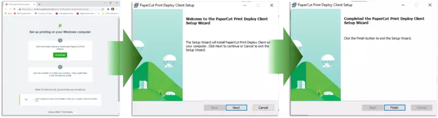 a composition of several screenshots showing the set of PaperCut Print Deploy Client installation windows